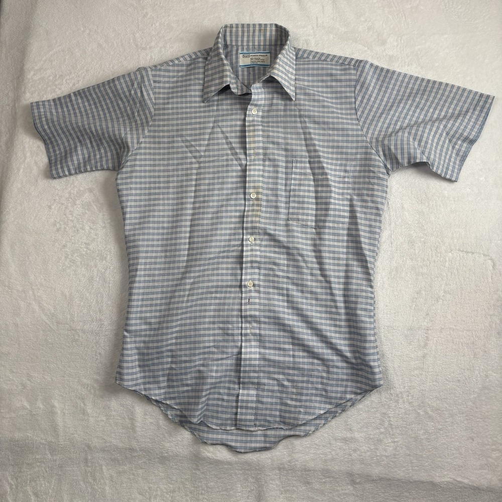 VTG 70's 80's Sears Perma-Prest Plaid Button UP Shirt Short Sleeve Distressed 15